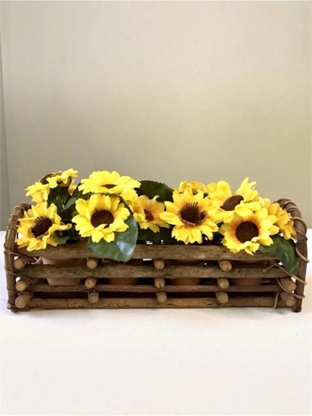 Twig Stick Basket & Mini Terracotta Pots Artificial Flowers Primitive Rustic